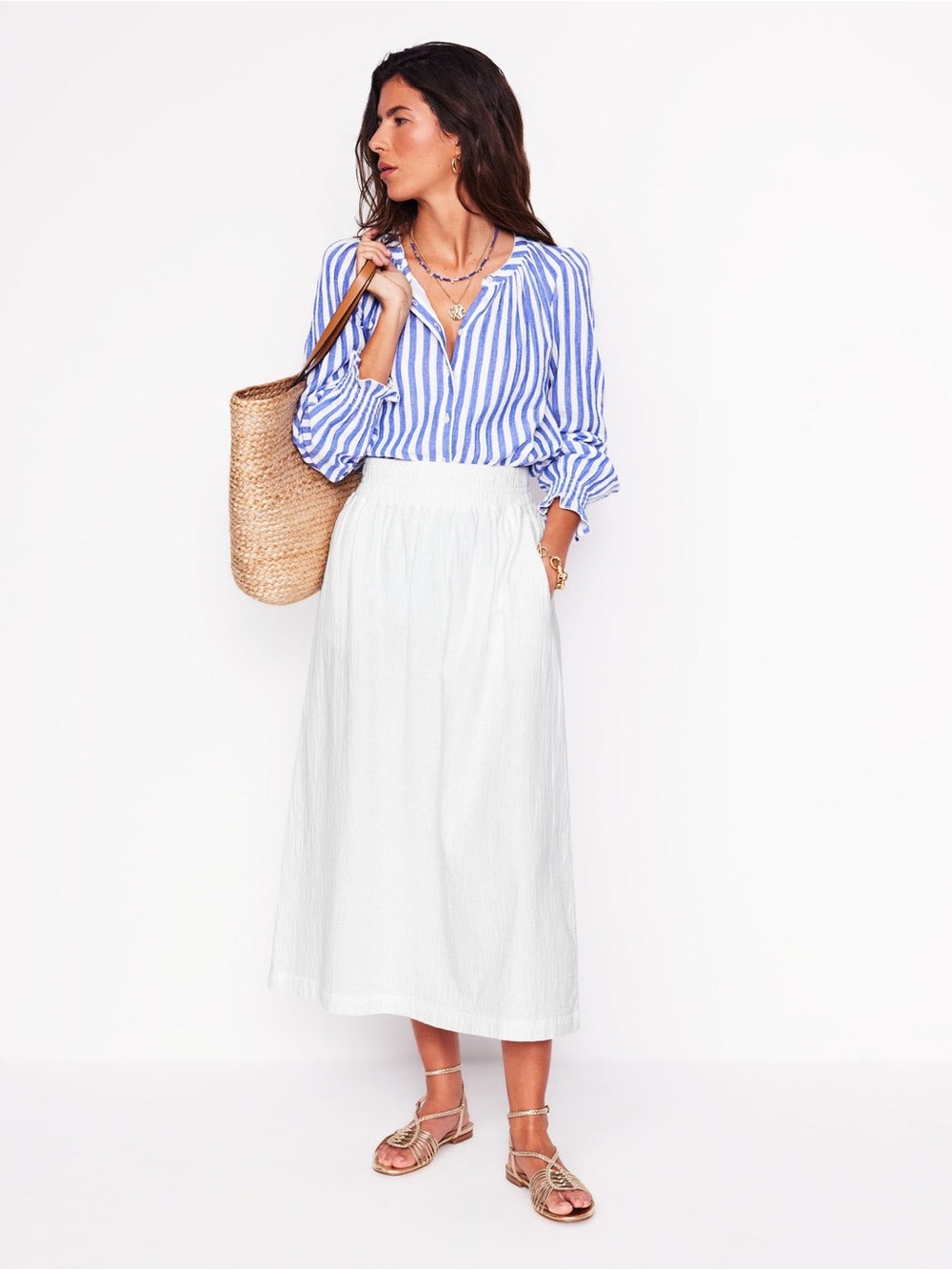 Women’s Boden Double Cloth Smocked White Midi Skirt - Summer Skirt